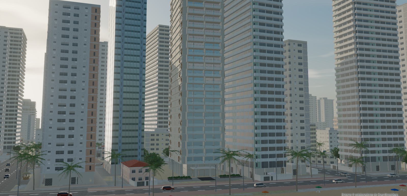 Render do Acesa: a avenida de Boa Viagem à tarde, com os prédios modelados em 3D, palmeiras e a orla